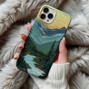 Stained glass mountain range phone case, nature inspired phone case, I phone 12 13 14 15 16, stained glass phone case, forest phone case