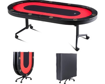 Ten-player Foldable Poker Table, Travel Card Board Game Table, 90-inch Oval Casino Entertainment Table, Red