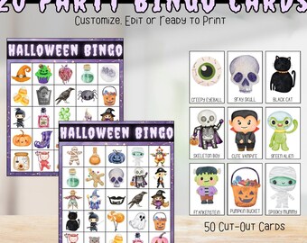 Halloween Bingo Game Purple Birthday Party Printable | 20 Large Playing Spooky Cards | Customizable Editable Fun Kids Learning Activities