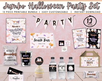 May include: A Jumbo Halloween Party Set with 12 printable pieces. Includes invitations, snack bar sign, water bottle labels, treat boxes, and party favors. Features a spooky ghost theme with the text "Nicole's Birthday Party".