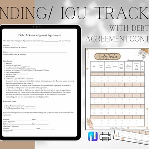 Op de afbeelding: Een digitale download met een schuldbekentenisovereenkomst en een krediettracker. De overeenkomst wordt weergegeven op een tablet, terwijl de tracker zich op een apart vel bevindt. De tekst "LENDING/ IOU TRACKER WITH DEBT AGREEMENT CONTRACT" is zichtbaar.