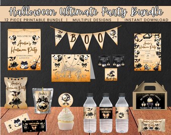 May include: A Halloween party bundle with multiple designs. Includes printable invitations, snack bar signs, water bottle labels, treat boxes, and more. The text reads "Halloween Ultimate Party Bundle" and "Amelia's Halloween Party".