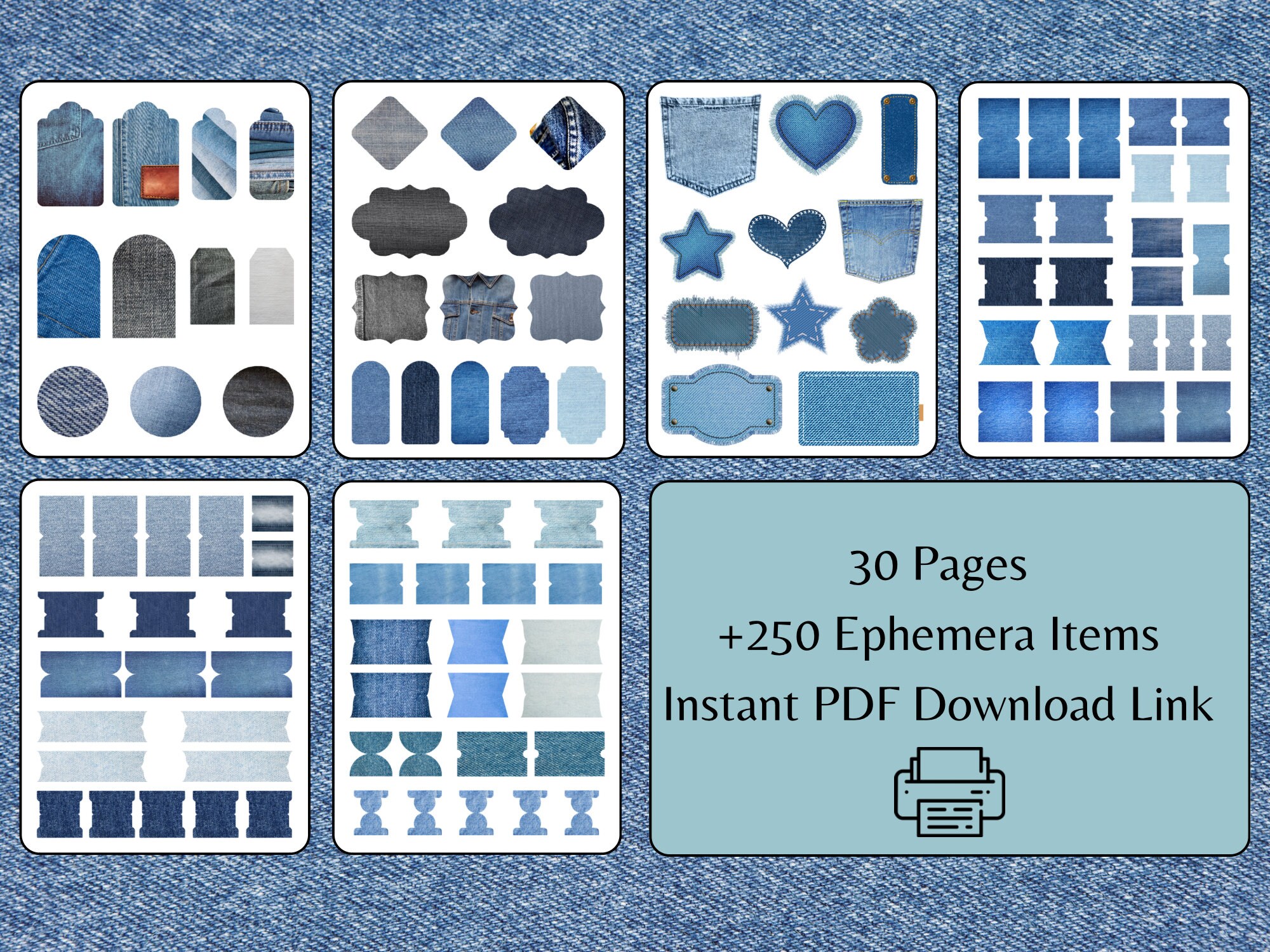 30 Pages Vintage Denim Jean Junk Journal Ephemera Mega Kit | Antique ...