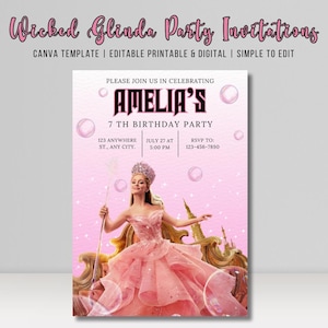 Wicked Glinda Elphaba Pink Geburtstagsparty druckbare Einladungen | Rosa Themen-Digital bearbeitbare einladen Lieferungen Dekorationen