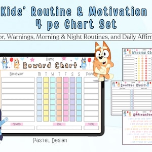 May include: A set of four printable charts featuring a cartoon dog in pastel colors. The charts are titled "Reward Chart", "Warning Chart", "Routine Chart", and "Affirmations".