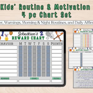 May include: A set of four printable charts for kids featuring a sports theme. The charts include a reward chart, a warning chart, a routine chart, and an affirmation chart. The charts are personalized with the name "Sebastian's".
