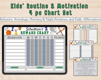 Deportes Béisbol Niños PDF Gráficos de motivación y rutinas editables / 4 gráficos de afirmaciones de comportamiento / Aprendizaje de rutinas diarias de la mañana y la noche