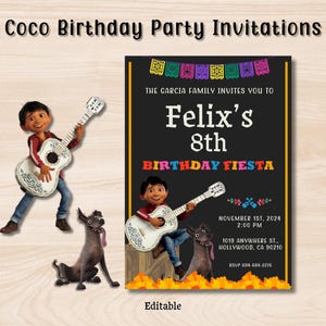 May include: A printable birthday party invitation featuring a cartoon character from the movie Coco playing a guitar. The invitation is decorated with colorful Mexican-style decorations and includes the text "Felix's 8th Birthday Fiesta".