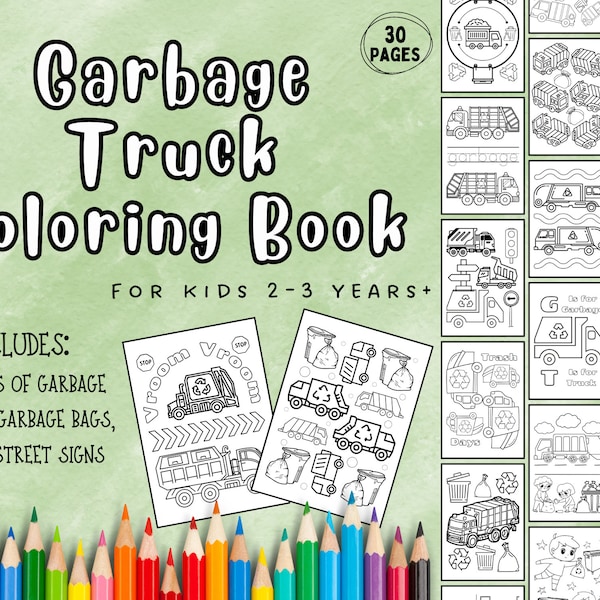 Garbage Trash Truck Coloring Book | Kids Toddlers Activity Pages | Funny Dump Trucks Scenery Boys Age 2 | Digital Download Instant PDF Files