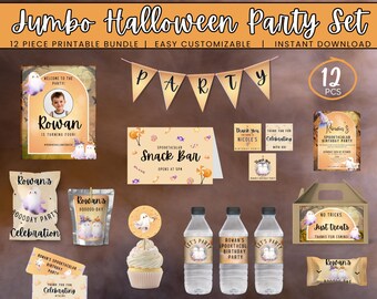 May include: A Jumbo Halloween Party Set with 12 printable pieces. The set includes invitations, snack bar signs, water bottle labels, cupcake toppers, and treat bags. The theme features ghosts and the text "Rowan's Spooktacular Birthday Party".