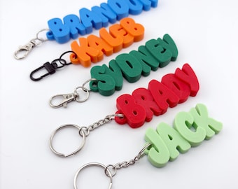 Op de afbeelding: Vijf 3D-geprinte plastic sleutelhangers met namen in blokletters. De blauwe sleutelhanger zegt BRANDON, oranje zegt KALEB, donkergroen zegt SYDNEY, rood zegt BRADY en lichtgroen zegt JACK. Elke hanger heeft een metalen ring of een karabijnhaak.
