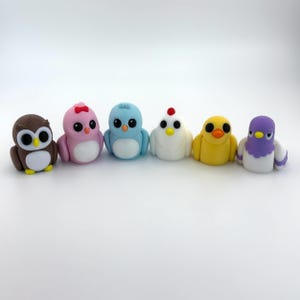 Può includere: Una collezione di sei figurine di uccelli colorati. Le figurine includono un gufo, un uccello rosa con un fiocco, un uccello blu, una gallina bianca, un uccello giallo e un uccello viola. Ogni uccello ha grandi occhi rotondi e una pancia bianca.