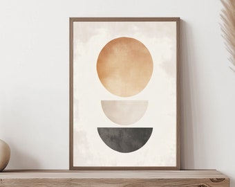 Arte de pared geométrico minimalista, póster imprimible de círculos y sol abstractos geométricos, impresión digital en colores neutros, decoración para sala de estar.