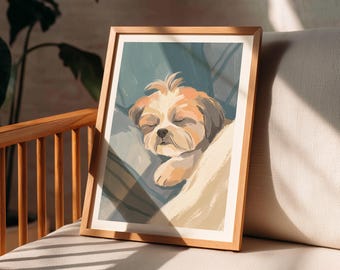 Lámina decorativa de Shih Tzu para pared, póster de perro durmiendo adorable, decoración para la habitación del bebé o del dormitorio, regalo para amantes de los cachorros, retrato minimalista de perro.