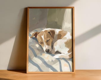 Lámina decorativa de Jack Russell Terrier para pared, póster de perro durmiendo, arte de cachorros, regalo para amantes de los perros, retrato de mascota.