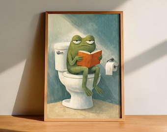 Divertido cuadro de una rana en el inodoro, lámina de una rana verde melancólica leyendo un libro, decoración de baño original, póster de rana de estilo Dark Academia, arte animal peculiar.