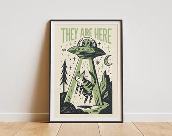 Póster peculiar de abducción de gato ovni: arte mural divertido de ovnis / Impresión de arte de coche retro / Regalo para amantes de los gatos / Impresión digital retro de gato extraterrestre