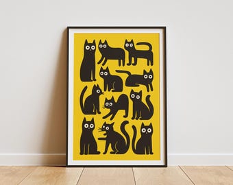 Póster de gato negro japonés: Arte mural de gato kawaii (Descarga digital)