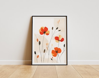 Arte mural digital minimalista con flores de amapola, decoración de pared con motivos florales de prado, impresión artística botánica bohemia, póster de flores naranjas y beige