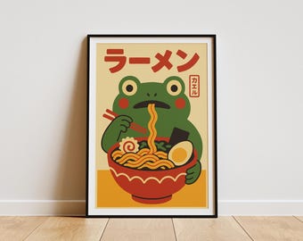 Pôster retrô de sapo comendo ramen, estampa de sapo comendo ramen, decoração de parede para cozinha japonesa, sapo engraçado, pôster digital peculiar de ramen