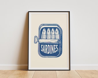 Póster vintage de lata de sardinas / Arte retro de pared de cocina con sardinas / Impresión artística divertida de lata de pescado vintage / Decoración original para la cocina o el hogar