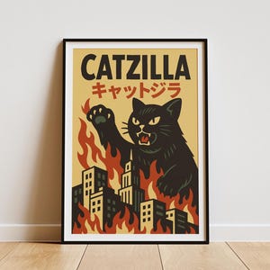 Catzilla Poster – Funny Retro Japanese Poster, Vintage Black Cat Monster City Destruction Wall Art, Gift for Cat Lovers, Digital Print