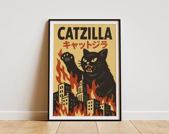 Catzilla Poster – Funny Retro Japanese Poster, Vintage Black Cat