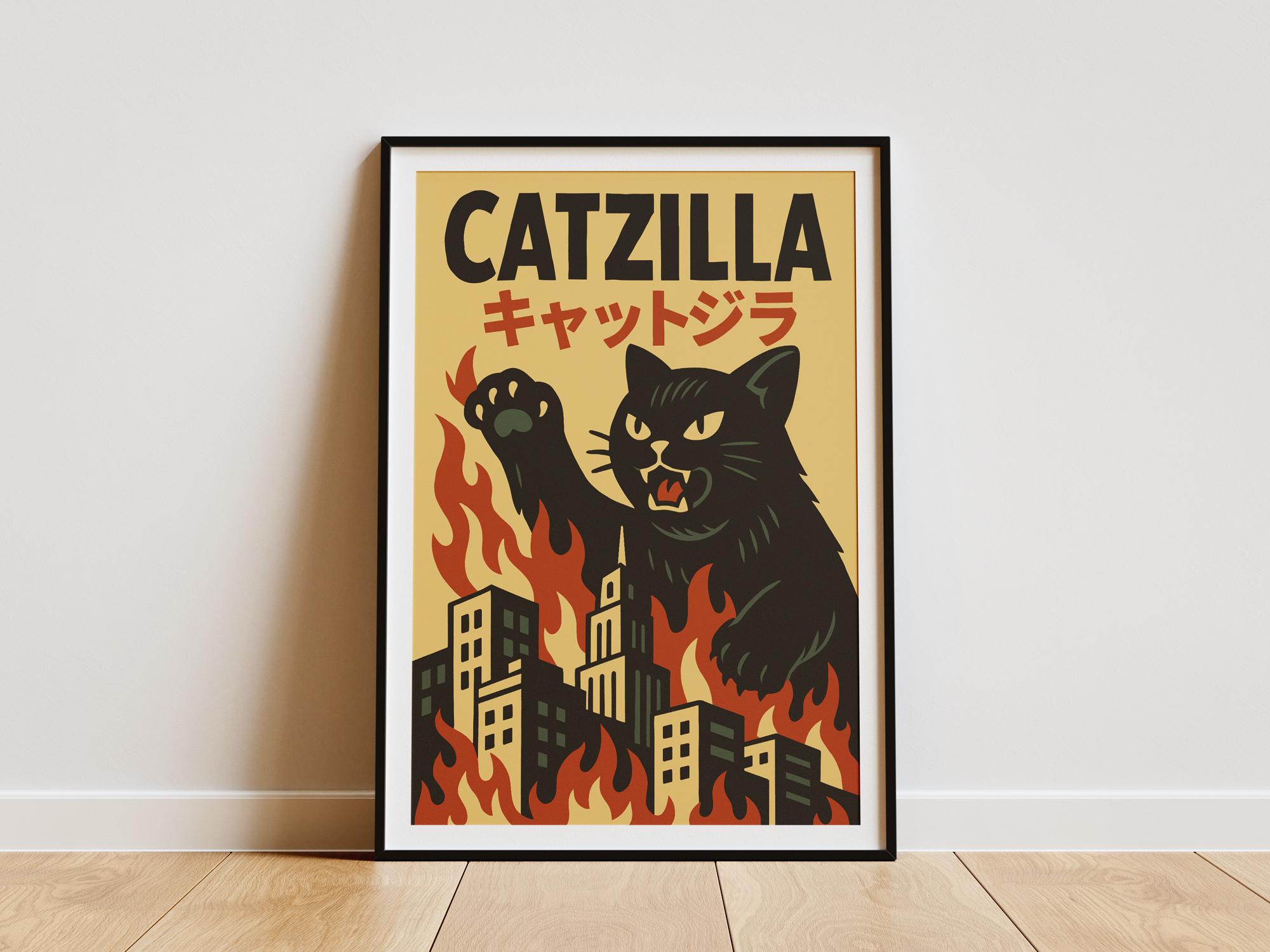 Catzilla Poster – Funny Retro Japanese Poster, Vintage Black Cat