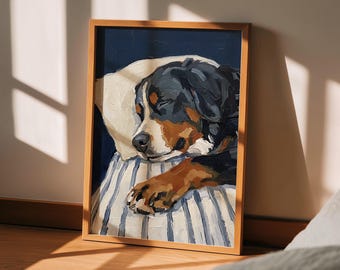 Lámina artística de perro de montaña bernés, con aspecto de pintura al óleo de un bernés durmiendo, arte mural de perro con técnica impasto, decoración acogedora de estilo rústico, regalo para amantes de las mascotas, póster de cachorro
