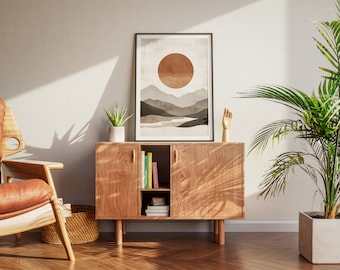 Póster de paisaje minimalista, arte mural de montaña neutro, impresión digital bohemia en beige y marrón, elegante decoración de pared para interiores.