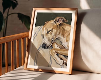 Lámina decorativa de pared con un galgo durmiendo, regalo para amantes de los perros, elegante retrato de mascota, estilo pintura al óleo, regalo para mamás de galgos, decoración para la habitación del bebé o del dormitorio.