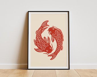 Koi Fish Wall Art Print | Japanese Zen Poster | Feng Shui Home Decor | Boho Minimalist Artwork | Printable Poster