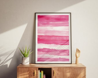 Arte mural imprimible en acuarela rosa, póster abstracto de líneas horizontales, decoración moderna de pared en rosa brillante, descarga digital para decoración de sala de estar.