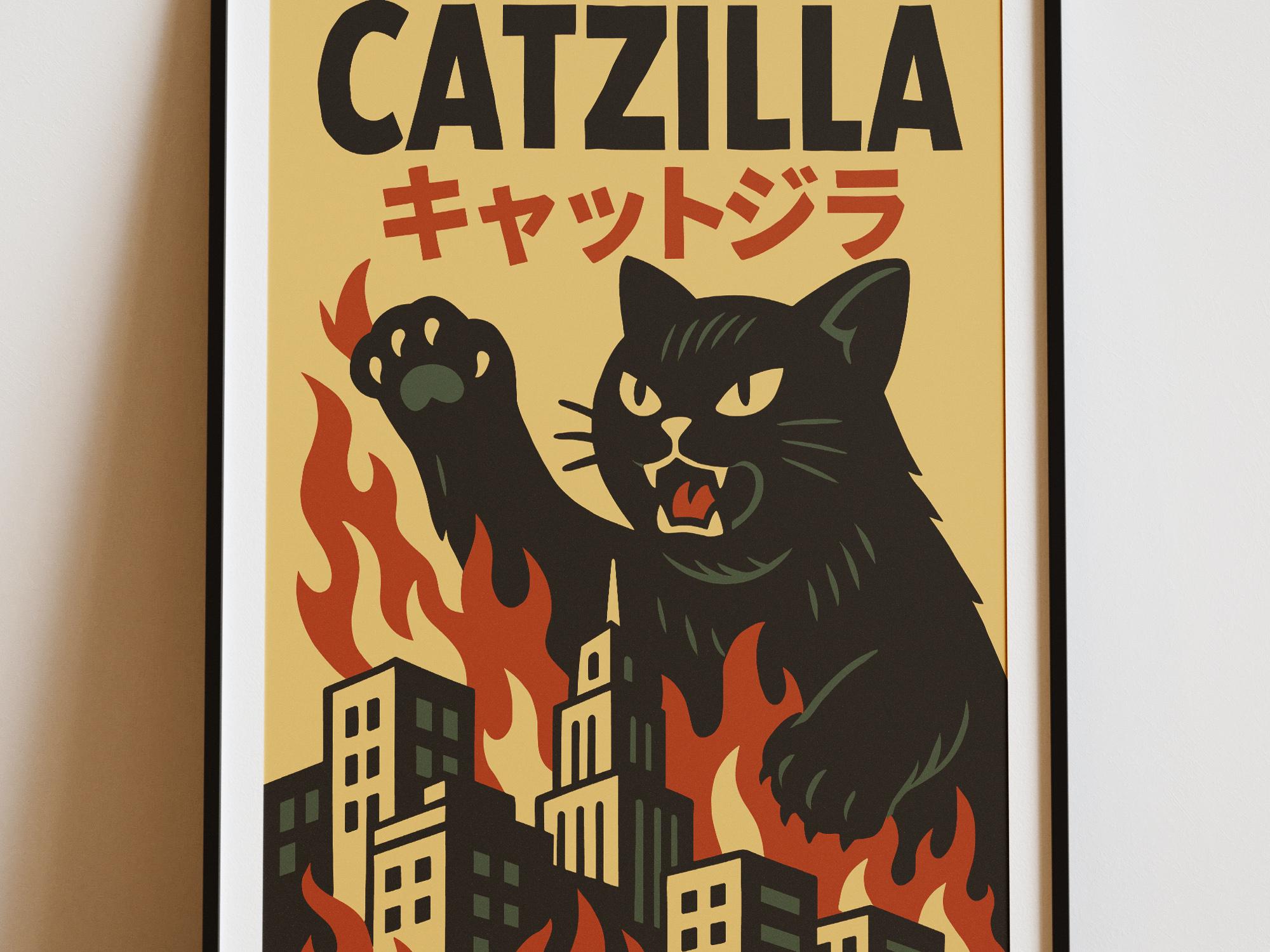 Catzilla Poster – Funny Retro Japanese Poster, Vintage Black Cat
