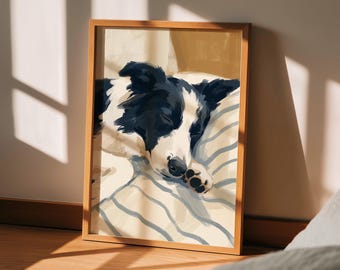 Lámina decorativa de Border Collie para pared: póster de perro durmiendo, ilustración de perro en la cama, decoración relajante para el dormitorio de tu mascota, regalo para amantes de los perros.