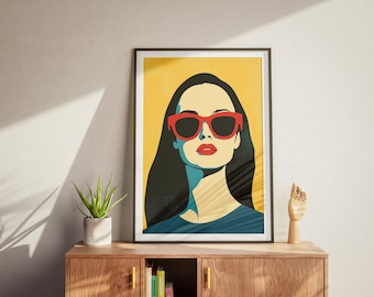 Póster imprimible de mujer minimalista con gafas de sol, arte mural abstracto femenino creativo, impresión artística de rostro de mujer, decoración de sala de estar