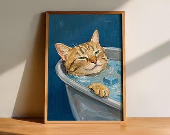 Lámina divertida de gato en baño de hielo, pintura al óleo con técnica impasto para pared, decoración de baño con gato atigrado jengibre, póster de animales original, regalo para amantes de los gatos.