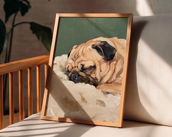 Lámina decorativa de un carlino durmiendo, estilo pintura al óleo, retrato de un adorable carlino color beige, regalo acogedor para amantes de los perros.