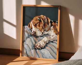 Lámina decorativa de Beagle para pared, Arte de perro durmiendo, Regalo para amantes de los perros, Retrato estilo pintura al óleo, Regalo para mamás de Beagle, Póster de mascota adorable