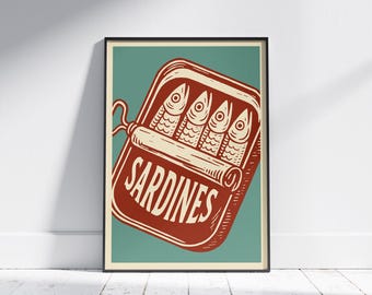 Stampa di sardine in scatola / Poster vintage di sardine / Arte murale retrò con pesce da cucina / Arredamento per la casa in stile costiero / Arredamento per la cucina con sardine in scatola