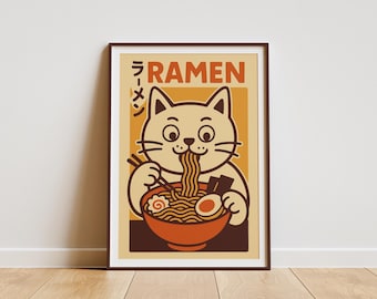 Retro Ramen Cat Poster, Japanese Kitchen Wall Art, Vintage Cat Print, Cat Lover Gift, Funny Noodle Art Print, Quirky Kawaii DIGITAL PRINT