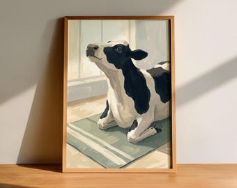 Lámina decorativa de pared con diseño de vaca practicando yoga, decoración de pared estilo granja, divertida ilustración de animales, póster para estudio de yoga, regalo para amantes del yoga.