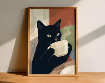 Lámina artística de gato negro tomando café, póster de gato de estilo moderno de mediados de siglo, decoración de pared de cocina original, regalo acogedor para amantes de los gatos, arte Dark Academia.