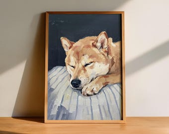 Lámina decorativa de Shiba Inu, estilo pintura al óleo de perro durmiendo, retrato de mascota con técnica impasto, regalo para amantes de los perros, decoración japonesa para el hogar.