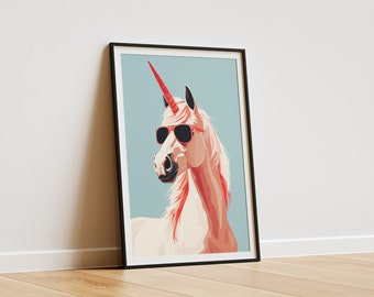 Póster divertido de unicornio pastel, unicornio rosa con gafas de sol, decoración de pared minimalista con unicornio y caballo, imprimible digitalmente.