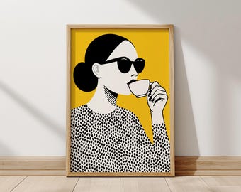 Póster minimalista de mujer tomando café: arte pop moderno para pared de cocina, impresión artística de chica con café, impresión digital para amantes del café.