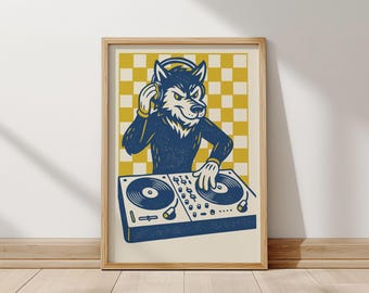 Póster retro de DJ Wolf, póster de música funky, arte de pared vintage con tocadiscos, decoración genial para habitación con animales, regalo para amantes de la música, impresión artística de vinilo.