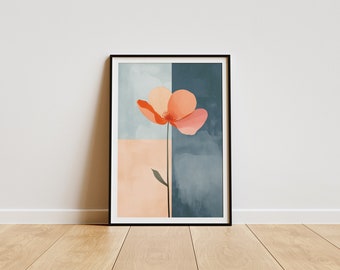 Arte mural minimalista con flores azules y rosas, póster digital floral imprimible, impresión botánica abstracta, decoración de pared estilo bohemio retro para mercado de flores.