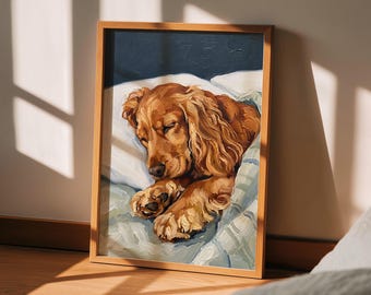 Lámina artística de Cocker Spaniel, cuadro de pared de Golden Spaniel durmiendo, regalo para amantes de los perros, retrato de cachorro para habitación infantil.