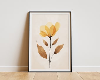Arte de pared bohemio con flores amarillas, póster floral minimalista imprimible, impresión digital de flores abstractas, decoración de pared vintage beige, regalo para ella
